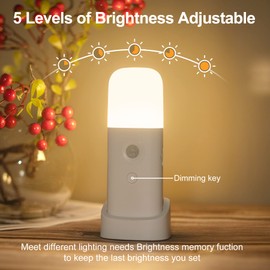 CREWEEL Motion Sensor Night Light, Dimmable Night Lights with 5 Brightness Levels, 2000mAh Rechargeable Battery Operated Light, Portable Motion Sensor Light for Kids Room, Bedroom, Hallway