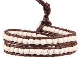 KELITCH New Leather 2 Wraps Bracelets White Turquoise Beads Bracelets Hand Braided Adjustable Bracelets Bangles