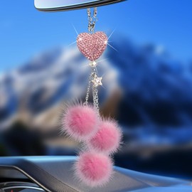 Pink Bling Car Accessories Interior for Women - Girly Crystal Car Rearview Mirror Decor, Cute Rinestones Diamond Para Carro de Mujer, Car Mirror Decor Love Heart [Fuzzy Plush Ball]