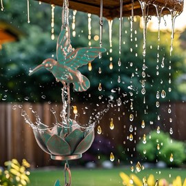 shumi 8.8ft Rain Chain for Gutters Downspouts Outside,Hummingbird Rain Chain with 12 Copper Lotus Rain Chain Cups,Functional and Decorative Replacement for Gutter Downspouts
