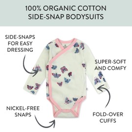 HonestBaby 3-pack Long Sleeve Side-snap Kimono Bodysuits Organic Cotton for Infant Baby Boys, Girls, Unisex, Flying Butterfly Ivory, Preemie