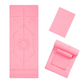 CSITE Yoga Mat Towel with Silicone Grip Dots & Rectangular Wrap Design, Non Slip Hot Yoga Mat Towel with Alignment Line + 1pc Hand Towel, 72” x 24”, Pink