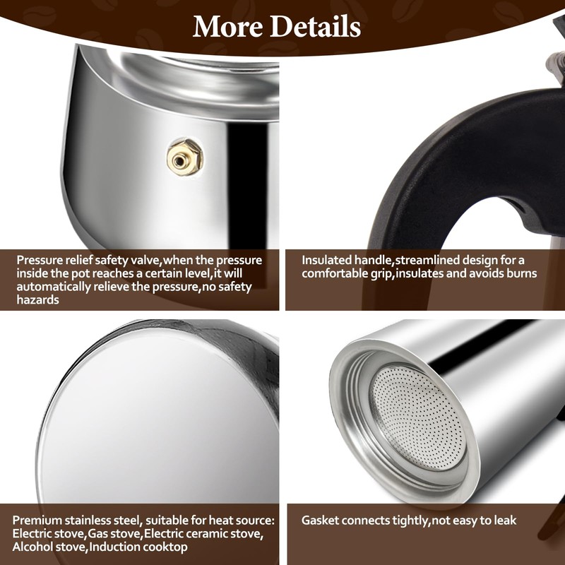 Vaolvpant 2 Cup Stainless Steel Moka Pot Stovetop Espresso Maker