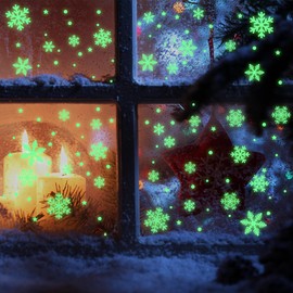 VntMQP Pack of 146 Enhanced Fluorescent Snowflake Christmas Window Static Luminous Stickers, Glow-in-the-Dark PVC Snowflake Christmas Decorations, Snowflake Stickers