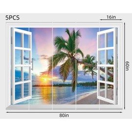 FLFK Fake Window Wall Mural - Sunrise Over The Sea Faux Window Wall Sticker for Wall Decor, Stick and Peel Wall Decals,80"x60",Set of 5 Sheets
