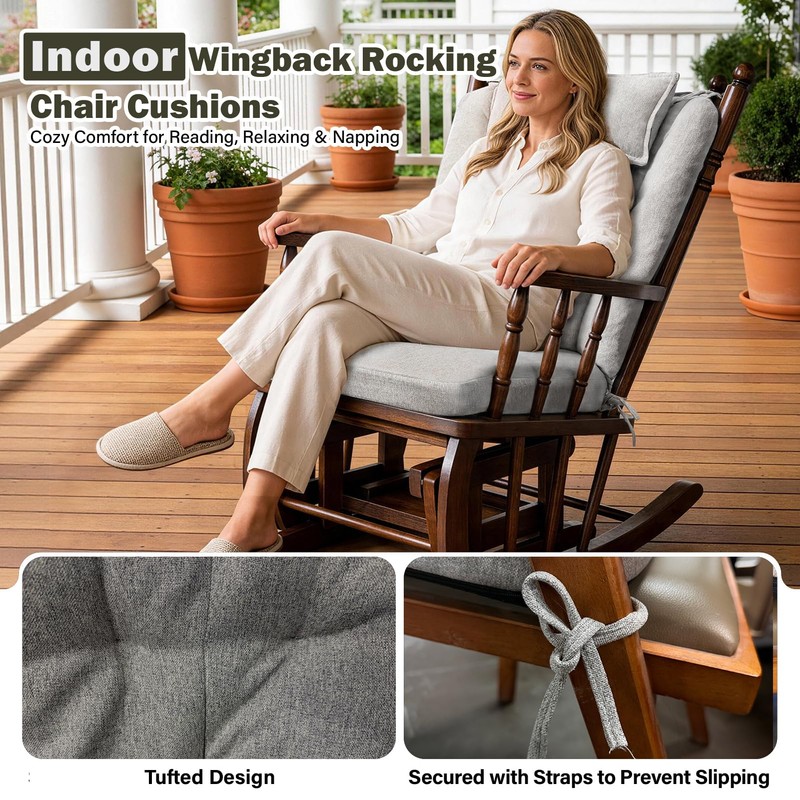 Wingback Rocking Chair Cushion with Neck Pillow High-Density Foam Indoor
