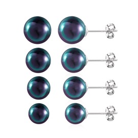 Silver Stud Earrings Set for Women Girls, Small Pearl Stud Earrings 4 Pairs Hypoallergenic Sterling Silver Black Pearl Studs Small Earrings Women Girls Jewelry Gift 6,8,10,12mm