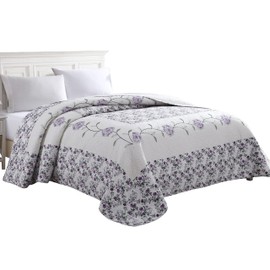 Beatrice Home Fashions Carnation Floral Embroidered Quilted Bedspread, Lightweight, All-Seasons, Queen, Lavender
