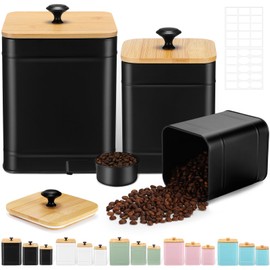 Tioncy Kitchen Canisters for Countertop Set of 3 Metal Canisters Sets with Bamboo Lids Spoon Airtight High Capacity Coffee Tea Sugar Flour Jars with DIY Labels Farmhouse Food Storage(Black,XL,L,M)