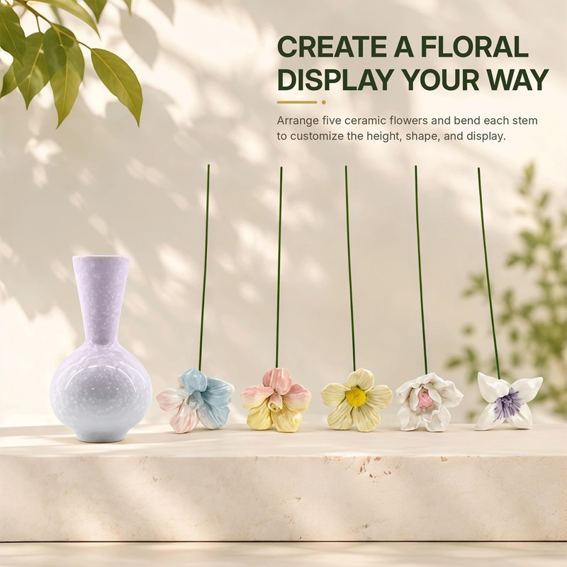 Mini Ceramic Vase with 5 Removable Porcelain Flowers, Purple Crystal