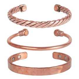 INDTRESOR Copper Magnetic Bracelet Tibetan Style. Hand Forged with Solid and high Gauge Pure Copper. Set of 3 Different Designs in Hammered Braided Pipe Style.