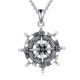 AXELUNA Compass Necklace 925 Sterling Silver Ocean Compass Necklace with Black Tourmaline Graduation Compass Jewellery Women Men Lovers Friend, Sterling Silver, No Gemstone