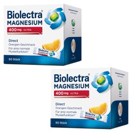 Biolectra Magnesium 400 mg Direct Sticks Orange, 2 x 60 Pieces: For Normal Muscle Function with Increased Need, Magnesium Direct Sticks, High Dose