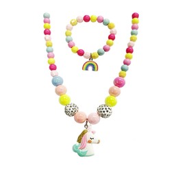 ankbrats Girls' Unicorn Necklace Bracelet Set for Girls, Unicorn Rainbow Angel Friendship Bracelet Children's Chain Girls, Pretty Jewellery Set for Princesses, Resin, Pearl