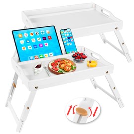 Greenual 2 Pack Bed Tray Table with Handles Folding Legs, Bamboo Breakfast Food Tray with Media Slot, Use As Platter, Laptop Desk, Snack, TV Tray Kitchen Serving Tray(White)