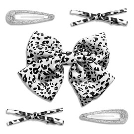 Arocooy Leopard Hair Bow White Bowknot Alligator Clips Silver No Slip Metal Snap Clips 3 Styles Leopard Print Bows Y2K Hair Barrettes 5PCS Ponytail Hair Accessories for Women and Girls