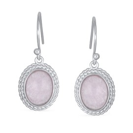 Western Style Pink Quartz Milgrain Cable Edge Oval Gemstone Drop Earrings For Women .925 Sterling Silver Wire Fish Hook