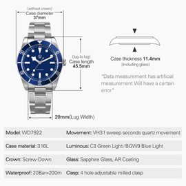 watchdives Quartz Watches WD7922 BB54, Men's Watch 37mm Sapphire Glass Luxury Wrist Watch 20Bar Diving Watches for Men, Blue Trident, Bracelet