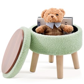 Mxfurhawa Versatile Storage Ottoman, Round Footstool with Soft Padded Seat, Small End Table with 4 Wood Legs, Teddy Velvet Foot Rest for Couch,Shoe Changing Stool for Living Room (Light Green)