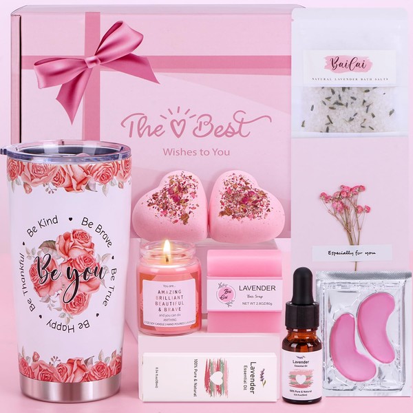 Baicai Pamper Gifts Box for Birthday, Unique Self Care package for Her Pamper Hampers Kit for Women, Relaxation Spa Gifts Set Get Well Soon Gift Ideas for Women Best Friend, Mum, Sister, Wife Pink