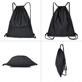 Drawstring Backpack Bag with Front Pocket Waterproof Oxford Cloth, Lightweight Gym Sack for Sports and Travel (Black, Small)