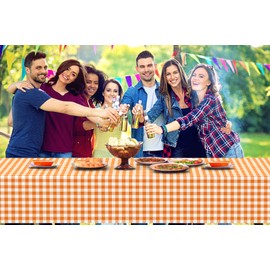 Buxiuer Orange and White Checkered Tablecloth Plastic Fall Thanksgiving Decoration Buffalo Check Plaid Disposable Table Cloth Dining Room Kitchen Decor 54 x108 Inch -Pack of 2 (Orange and White)