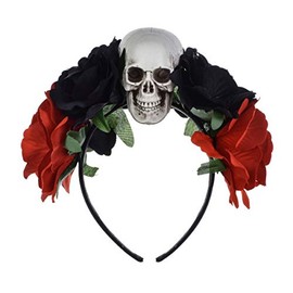 June Bloomy Rose Floral Crown Skull Day of the Dead Headpiece Halloween Party Headband (Red Black)