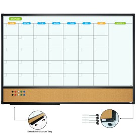 JILoffice Magnetic Calendar Whiteboard & Bulletin Corkboard Combination, Combo Board 36 x 24 Inch, 2 Pack, Black Aluminum Frame Wall Mounted Board for Office Home and School with 10 Push Pins