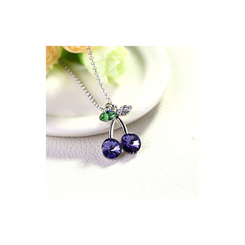 [IUHA] さくらんぼ ネックレス チェリー クリスタル 金属アレルギーと変色防止 アクセサリー ギフト パープル