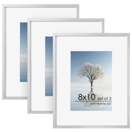 FLYJOE 8x10 Picture Frame - 8 by 10 Metal Picture Frame With Mat | 8 x 10 Aluminum Photo Frame | Plexiglass And Hanging Hardware Included | 8x10 Gold Frame | Set of 3, Silver