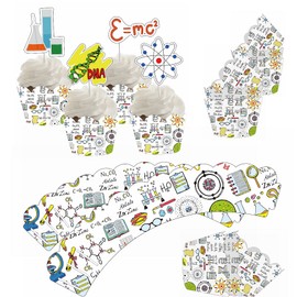 48Pcs Science Cupcake Wrappers and Toppers Set Science Cupcake Holders with Treat Picks Kit Science Party Decoration Science Party Supplies Mad Science Baby Shower Kids Themed Party Decorations Favors