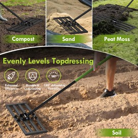 Seeutek Lawn Leveling Rake, 35” x 10” Lawn Leveler with 6.5FT Stainless Steel Handle Rakes for Lawns, 0-180° Adjustable Ground Leveler Tool for Yard, Level Soil Sand Dirt Surfaces