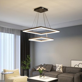 Modern LED Chandelier, 2-Light Black Ceiling Square Chandelier for Dining Room Light Fixtures Hanging Color Temperature and Height Adjustable Chandeliers for Living Room, Bedroom, Kitchen 15.7+23.6IN