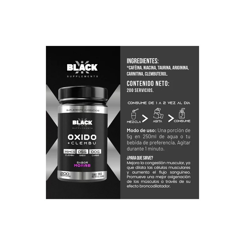 Black Supplements Oxido Nítrico + Clembu 1kg Pre Entreno