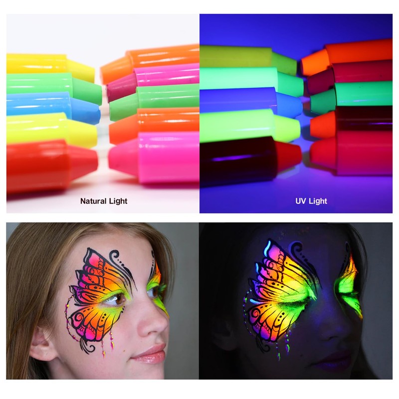 12 Pack UV Neon Face & Body Paint Sticks, Vibrant