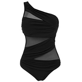 Runtlly Women's One Piece Swimsuits One Shoulder Plus Size Swimwear Bathing Suit with See Through Mesh Style Black XL