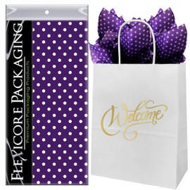 Flexicore Packaging White Kraft Paper Welcome Bags & Purple Gift Wrap Tissue Paper | Size: 8 Inch X 4.75 Inch X 10.5 Inch | Count: 50 Bags | Color: Purple Polka Dot