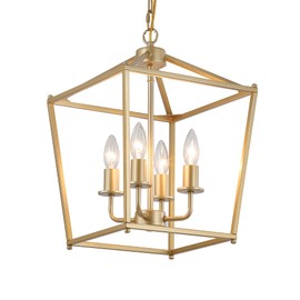 Industrial 4 Lights Chandelier, Gold Lantern Ceiling Light Fixtures with Rustic Metal Cage Adjustable Height Farmhouse Geometric Hanging Light for Kitchen Island, Dining Room, Entryway, UL Listed