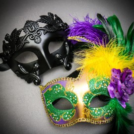 ILOVEMASKS Venetian Warrior Black with Mardi Gras Green Glitter Purple Feather Couple Mask