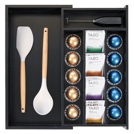 KitchenEdge Tea Bag and Coffee Pod Kitchen Drawer Organizer, Expandable 10 to 17 Inches, 10 Storage Compartments, Adjustable Wall Inserts, Non-Slip Feet, Food-Safe Black Finish, 100% Bamboo Wood