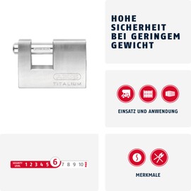 ABUS Titalium padlock 82TI/70 - Monoblock padlock for roller grilles, vending machines, containers and much more. - Locking bolt made of hardened steel - ABUS security level 6