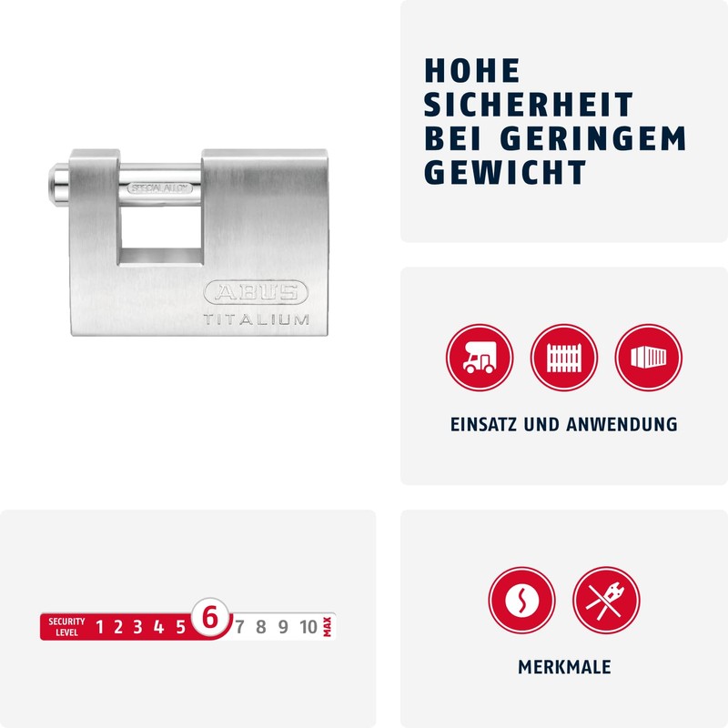 ABUS Titalium padlock 82TI/70 - Monoblock padlock for roller grilles,