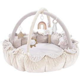 MALLIFY 5-in-1 Thick & Plush Play Gym, Tummy Time Play Mat with 6 Toys, Cat Bed, Dog Bed, Cloudico, 19.29 x 45.28 x 45.28 Inches Tummy Time Comfortable Nursery Development Easy Assembly Mat - Color: White