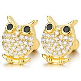 Gold Tone Moody Owl Stud Earrings with Cubic Zirconia Pave, Naturally Inspired Fashion, Women, Brass, Cubic Zirconia