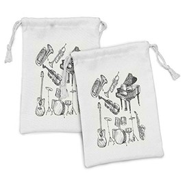Ambesonne Jazz Music Fabric Pouch Set of 2, Illustration of Musical Instruments Sketch Style Art Trumpet Piano Guitar, Small Drawstring Bag for Toiletries Masks and Favors, 9" x 6", Beige Black