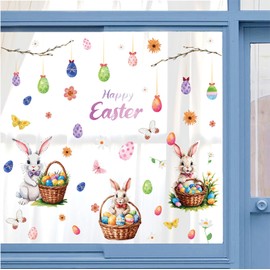 Happy Easter Bunny Window Stickers Rabbit Easter Eggs Wall Decals Butterfly Flowers Wall Decal Peel and Stick Tree Branch Window Clings Stickers Kids Room Home Kitchen Decor