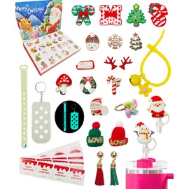 Christmas Advent Calendar 2024 -with 10mm Straw Toppers,Shoe Charms,DIY glow in the night Storage Bracelet,DIY Keychain,Christmas Stickers，24 Days Xmas Shoe Charms Countdown Calendar(alloy+plastic)