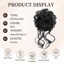 HotPro Messy Bun Scrunchies for Women 2PC Hair Bun Extension Ponytail Synthetic Updo Hair Piece for Girls Hair Chignon for Daily Wear(1B:Jet Black)