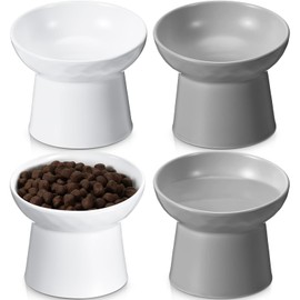 Tanlade 4 Pcs Ceramic Raised Cat Food Bowls Tilted Elevated Cat Food Bowl, Stress Free, Backflow Prevention, Dishwasher and Microwave Safe, Food and Water Bowls Set(White and Grey)