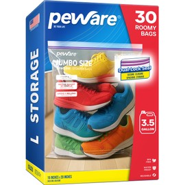 Peware Extra Large 3 Gallon Double Zipper Bags, 4mil Jumbo Storage Bags For Travel, Camping, Organizing Linen, Pillows, Blanket, Bedding, 16"x20" [COUNT 30]